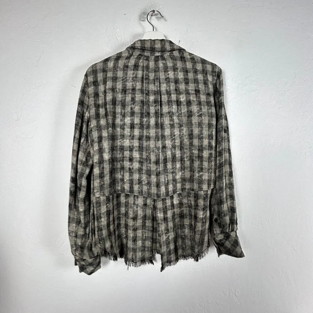 Cloth & Stone Womens Gray Black Checkered Fringe Trim Button Down Shirt Small - Picture 2 of 8